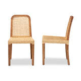 Baxton Studio Caspia Mid-Century Modern Walnut Brown Finished Wood and Natural Rattan 2-Piece Dining Chair Set