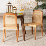 Baxton Studio Caspia Mid-Century Modern Walnut Brown Finished Wood and Natural Rattan 2-Piece Dining Chair Set