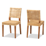 Lesia Modern Bohemian Natural Brown Rattan and Walnut Brown Finished Wood 2-Piece Dining Chair Set