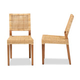 Baxton Studio Lesia Modern Bohemian Natural Brown Rattan and Walnut Brown Finished Wood 2-Piece Dining Chair Set