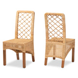 Moscow Modern Bohemian Natural Brown Rattan and Walnut Brown Finished Wood 2-Piece Dining Chair Set
