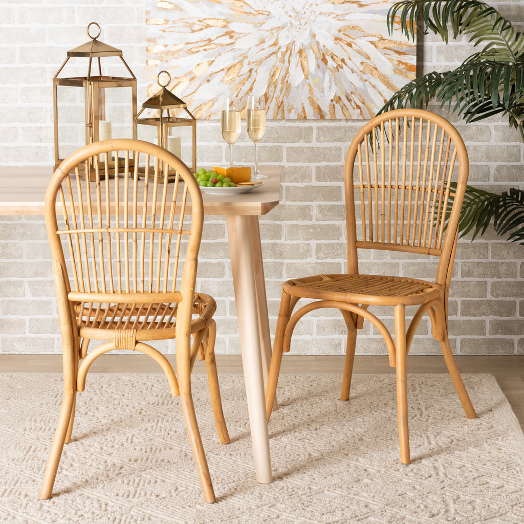 Wina Modern Bohemian Natural Brown Rattan 2 Piece Dining Chair Set