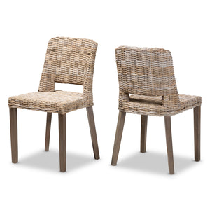 Baxton Studio Magy Modern Bohemian Grey Rattan and Natural Brown Finished Wood 2-Piece Dining Chair Set