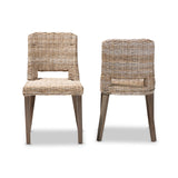 Baxton Studio Magy Modern Bohemian Grey Rattan and Natural Brown Finished Wood 2-Piece Dining Chair Set