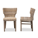 Baxton Studio Enver Modern Bohemian Grey Rattan and Brown Wood 2-Piece Dining Chair Set