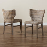 Baxton Studio Enver Modern Bohemian Grey Rattan and Brown Wood 2-Piece Dining Chair Set