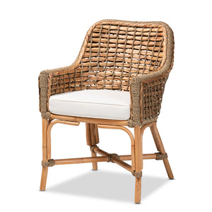 Baxton Studio Kyle Modern Bohemian Natural Brown Woven Rattan Dining Arm Chair with Cushion