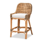 Kyle Modern Bohemian Natural Brown Woven Rattan Counter Stool with Cushion