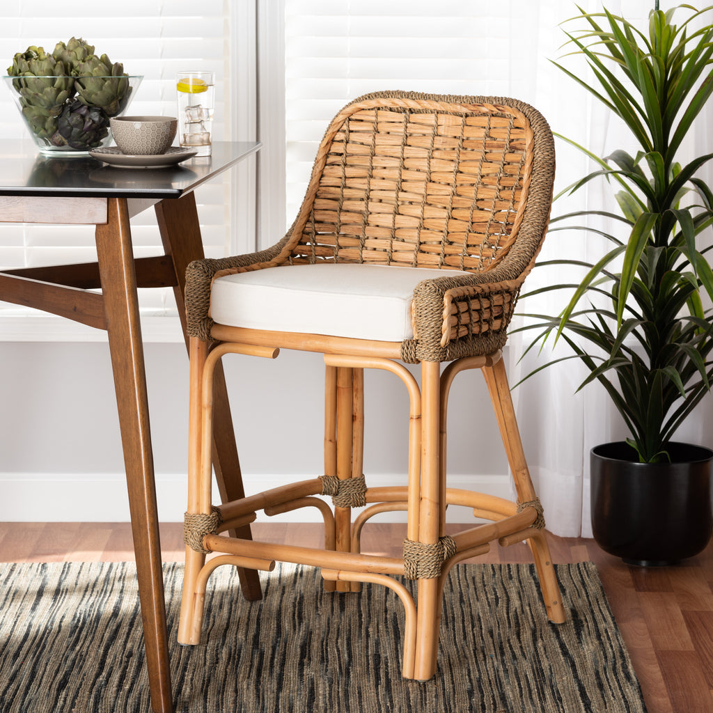 Kyle Modern Bohemian Natural Brown Woven Rattan Counter Stool with