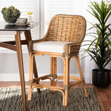 Baxton Studio Kyle Modern Bohemian Natural Brown Woven Rattan Counter Stool with Cushion