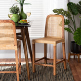 Baxton Studio Caspia Mid-Century Modern Walnut Brown Finished Wood and Natural Rattan Counter Stool
