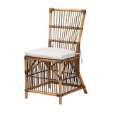 Kim Modern Bohemian White Fabric and Natural Brown Rattan Dining Chair
