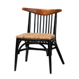 Parthenia Mid-Century Modern Two-Tone Black and Walnut Brown Finished Mahogany Wood and Natural Rattan Dining Chair
