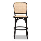 Vance Mid-Century Modern Brown Woven Rattan and Black Wood Cane Counter Stool