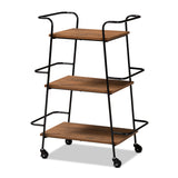 Bernard Rustic Industrial Black Metal and Walnut Finished Wood 3-Tier Small Mobile Wine Bar Cart
