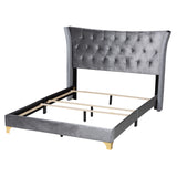 Easton Contemporary Glam and Luxe Grey Velvet and Gold Metal Queen Size Panel Bed