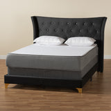 Easton Contemporary Glam and Luxe Black Velvet and Gold Metal Queen Size Panel Bed