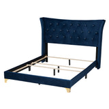 Easton Contemporary Glam and Luxe Navy Blue Velvet and Gold Metal Queen Size Panel Bed