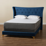 Easton Contemporary Glam and Luxe Navy Blue Velvet and Gold Metal Queen Size Panel Bed