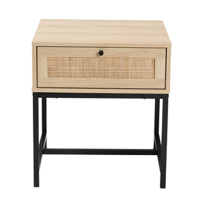 Caterina Mid-Century Modern Transitional Natural Brown Finished Wood and Natural Rattan 1-Drawer Nightstand