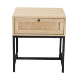 Caterina Mid-Century Modern Transitional Natural Brown Finished Wood and Natural Rattan 1-Drawer Nightstand