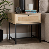 Caterina Mid-Century Modern Transitional Natural Brown Finished Wood and Natural Rattan 1-Drawer Nightstand