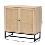 Caterina Mid-Century Modern Transitional Natural Brown Finished Wood and Natural Rattan 2-Door Storage Cabinet