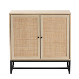 Caterina Mid-Century Modern Transitional Natural Brown Finished Wood and Natural Rattan 2-Door Storage Cabinet