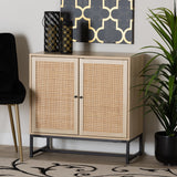 Caterina Mid-Century Modern Transitional Natural Brown Finished Wood and Natural Rattan 2-Door Storage Cabinet