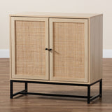 Caterina Mid-Century Modern Transitional Natural Brown Finished Wood and Natural Rattan 2-Door Storage Cabinet