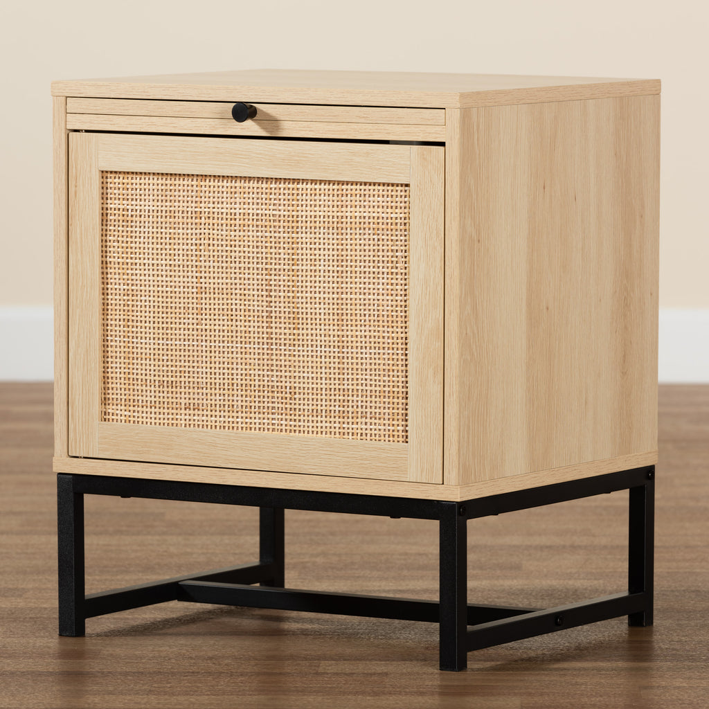 Baxton Studio Caterina Mid-Century Modern Transitional Natural Brown Finished Wood and Natural Rattan 1-Door Nightstand with Pull-Out Shelf