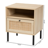 Caterina Mid-Century Modern Transitional Natural Brown Finished Wood and Natural Rattan 1-Door Nightstand