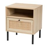 Caterina Mid-Century Modern Transitional Natural Brown Finished Wood and Natural Rattan 1-Door Nightstand