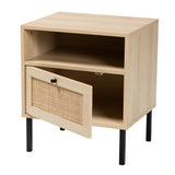 Caterina Mid-Century Modern Transitional Natural Brown Finished Wood and Natural Rattan 1-Door Nightstand