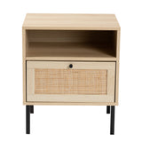 Caterina Mid-Century Modern Transitional Natural Brown Finished Wood and Natural Rattan 1-Door Nightstand