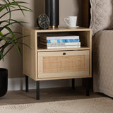 Caterina Mid-Century Modern Transitional Natural Brown Finished Wood and Natural Rattan 1-Door Nightstand