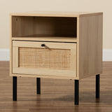 Caterina Mid-Century Modern Transitional Natural Brown Finished Wood and Natural Rattan 1-Door Nightstand