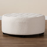 Athena Modern and Contemporary Ivory Boucle Upholstered and Black Finished Wood Round Ottoman