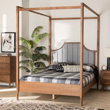 Baxton Studio Dakota Classic and Traditional Light Grey Fabric and Ash Walnut Finished Wood Queen Size Platform Canopy Bed