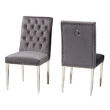 Caspera Contemporary Glam and Luxe Grey Velvet Fabric and Silver Metal 2-Piece Dining Chair Set