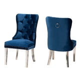 Honora Contemporary Glam and Luxe Navy Blue Velvet Fabric and Silver Metal 2-Piece Dining Chair Set