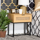 Baxton Studio Sawyer Mid-Century Modern Industrial Oak Brown Finished Wood and Black Metal 1-Drawer End Table with Natural Rattan