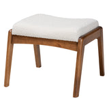 Roxy Mid-Century Modern Off-White Boucle Upholstered and Walnut Brown Finished Wood Ottoman Footstool