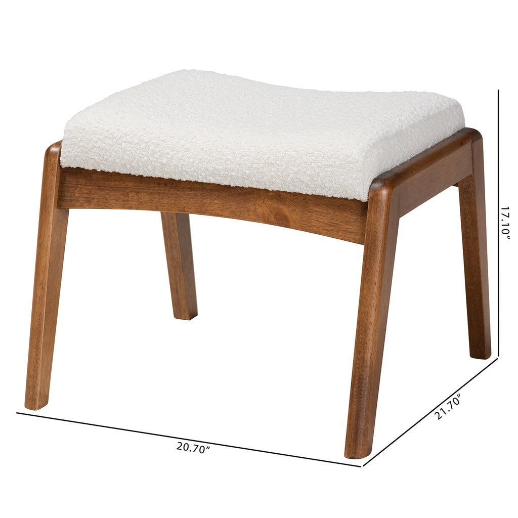 Baxton Studio Roxy Mid-Century Modern Off-White Boucle Upholstered and Walnut Brown Finished Wood Ottoman Footstool