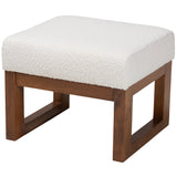 Yashiya Mid-Century Modern Off-White Boucle Upholstered and Walnut Brown Finished Wood Ottoman Footstool
