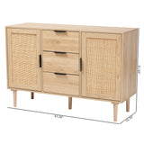 Baxton Studio Harrison Mid-Century Modern Natural Brown Finished Wood and Natural Rattan 3-Drawer Sideboard