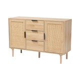 Harrison Mid-Century Modern Natural Brown Finished Wood and Natural Rattan 3-Drawer Sideboard