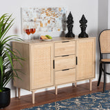 Baxton Studio Harrison Mid-Century Modern Natural Brown Finished Wood and Natural Rattan 3-Drawer Sideboard