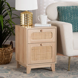 Baxton Studio Elsbeth Mid-Century Modern Light Brown Finished Wood and Natural Rattan 1-Drawer End Table
