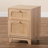 Baxton Studio Elsbeth Mid-Century Modern Light Brown Finished Wood and Natural Rattan 1-Drawer End Table